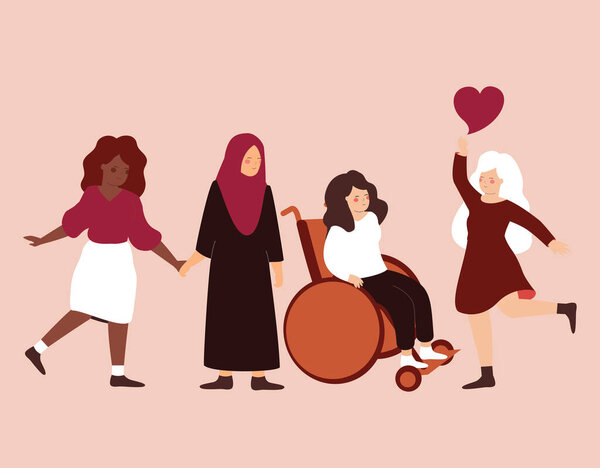 Группа женщин из разных национальностей поддерживает женщину с инвалидностью в инвалидном кресле. Феминистская община держится за руки. Концепция социальной психологической помощи людям с ограниченными возможностями