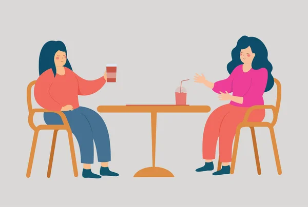 女性の友人は一緒に幸せな時間を過ごし コーヒーで話をします 二人の女性がカフェに残り 楽しみを持っています 友情とゴシップの概念 ベクターイラスト — ストックベクタ