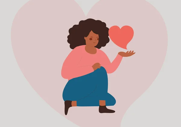 アフリカ系アメリカ人女性は大きな心を持っています 座っている間 女性は気をつけて愛と赤い心をケアします 女性の愛と自己受容の概念 平面ベクトル図 — ストックベクタ