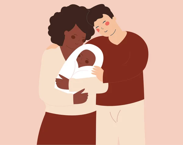 Madre Afroamericana Padre Caucásico Abrazan Bebé Con Amor Pareja Padres — Archivo Imágenes Vectoriales