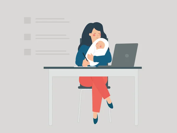 单身母亲在生育期间有许多商业项目 女人在家工作 抱着她的孩子 带着新生儿的学生在网上做家庭作业或课程 自由和教育概念 — 图库矢量图片