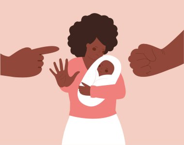 Afrikalı Amerikalı anne çocuğunu, onları tehdit eden bir adamın yumruğundan ve parmağından korur. Aile içi şiddet, aile içi şiddet, annelik, olumsuz ebeveynlik, kadınlara sataşmayı bırak. Vektör deposu