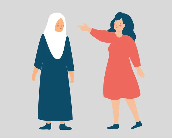 Wanita Menyalahkan Dan Menuduh Seorang Wanita Dengan Hijab Muslim Perempuan - Stok Vektor