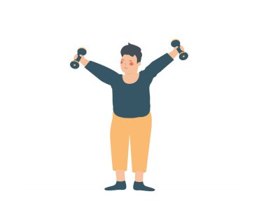 Okullu çocuk güçlü olmak için spor aletleriyle egzersiz yapıyor. Çocuk spor salonunda ya da evde dambıl kaldırdı. Çocukluk fiziksel aktivitesi ve sağlıklı yaşam tarzı konsepti. Vektör illüstrasyonu.