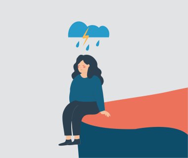 Üzgün kadın uçurumun kenarında oturuyor ve zihinsel sağlık sorunları ve yalnızlıktan muzdarip. Karışık düşünceleri ve psikolojik sorunları olan mutsuz bir kız. Depresyon, endişe ve stres kavramı.