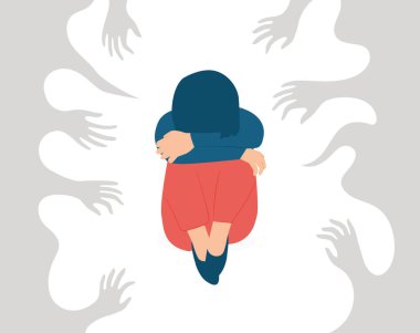 Zorbalık ve aşağılanmanın kurbanı yalnız bir kadın. Ağlayan kadın, zihinsel sağlık bozukluklarından dolayı üzüntü, endişe ve depresyon hisseder. Şiddeti, istismarı ve siber zorbalığı durdurun. Vektör illüstrasyonu