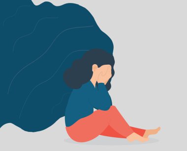Kadın depresyon ve stres yüzünden ağlıyor ve yüzünü kapatıyor. Psikolojik sorunları olan üzgün bir kızın desteğe ve bakıma ihtiyacı var. Akıl sağlığı bozuklukları, negatif titreşimler, travma konsepti. Vektör deposu