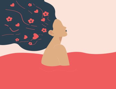 Nehirde kendini yenilemeye ve olumsuz duygulardan kurtulmaya çalışan iyimser bir kadın. Rehabilitasyon merkezinde kadın ruhsal bozukluklarının tedavisi. Refah ya da yeniden doğuş kavramı. Vektör