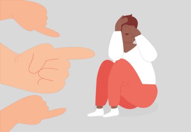 Depresyondaki Afrikalı adam zorbalık ve suçlamalardan muzdarip. Afro-Amerikalı önyargılı bir kurban ve onu işaret eden parmaklarla çevrili. İstismar ve ayrımcılık kavramını durdurun. Vektör illüstrasyonu.