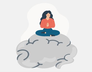 Büyük bir insan beyni üzerine meditasyon yapan bir kadın. Olumlu düşünen ve sağlıklı zihni olan mutlu bir kadın. Zihinsel refah, rehabilitasyon ve psikolojik hastalık önleme kavramı.
