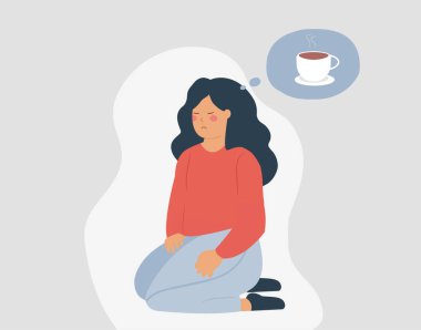 Kafein bağımlılığından başı dönen bir kadın. İnsan yerde oturur ve sabahları bir fincan kahveyi düşünür. Vektör illüstrasyonu