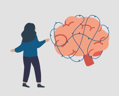 Kadın dikenli dikenlerle çevrili beyinden muzdarip. Büyük insan beyninin sınırları, kısıtlamaları ya da işlevsizliği vardır. Zihinsel sağlık bozuklukları veya zihinsel nörolojik hastalık kavramı. 