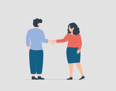 İnsanlar ve meslektaşlar arasındaki ortaklık. Erkek ve kadın el sıkışıyor ve birbirlerini selamlıyorlar. İş dünyası takım çalışması, selamlama ve cinsiyet eşitliği kavramı. Vektör illüstrasyonu