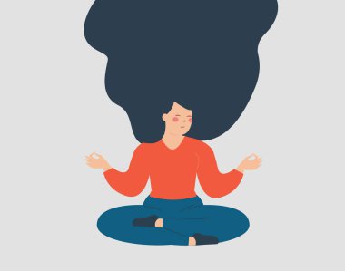 Uçan saçlı bir kadın çapraz bacaklı yoga yapıyor. Kız sabah egzersizleri yapıyor, evde dinleniyor ve meditasyon yapıyor. Akıl sağlığı, zen ruh hali ve pozitif vücut konsepti. Vektör illüstrasyonu