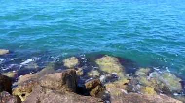 Kristal berrak sular, geniş ve pürüzsüz kıyı kayalarını sarar. Su altı taşlarını ortaya çıkarır ve barışçıl bir okyanus manzarası yaratır..