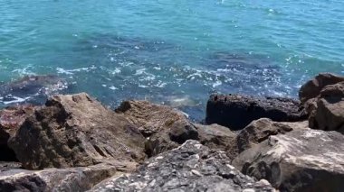 Yumuşak okyanus dalgalarının parlak bir gökyüzü altında, canlı su renkleri ve doğal dokularıyla geniş kıyı kayaları üzerinde yuvarlandığı huzurlu bir manzara..