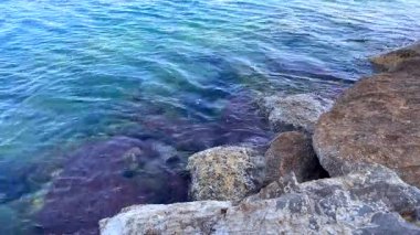 Sahilde kayaların manzaralı bir görüntüsü. Arka planda deniz yavaşça akıyor. Doğaya, plajlara ve kayalık kıyılara odaklı projeler için ideal..