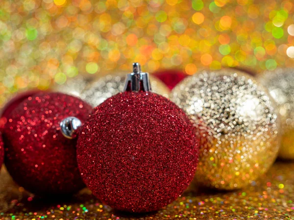 Christmas Balls Golden Background Christmas Decoration Beautiful Bokeh Multicolored Balls — Stock Photo, Image