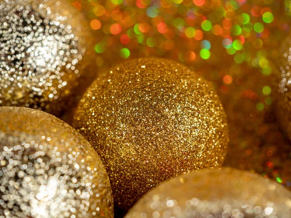 Christmas Balls Golden Background Christmas Decoration Beautiful Bokeh Multicolored Balls — Stock Photo, Image
