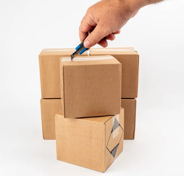 Cardboard Box White Background Open Cardboard Boxes Utility Knife Close — Stock Photo, Image