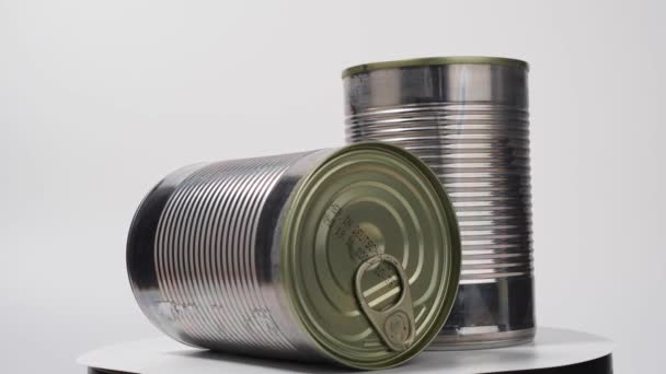 Canned Doses White Background Canned Food Cans Close — Stock Video