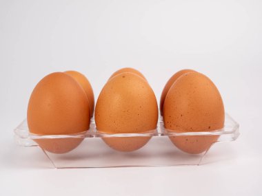 Beyaz arka planda tavuk yumurtası. Beyaz arka planda kahverengi yumurta. Yakın plan..