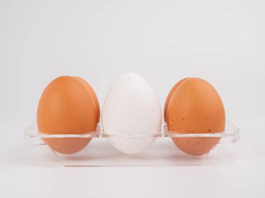 Beyaz arka planda tavuk yumurtası. Beyaz arka planda beyaz ve kahverengi yumurta. Yakın plan..