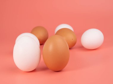 Pembe arka planda tavuk yumurtası. Pembe arka planda beyaz ve kahverengi yumurta. Yakın plan..