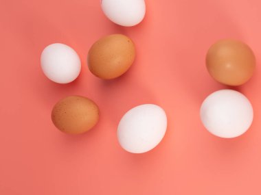 Pembe arka planda tavuk yumurtası. Pembe arka planda beyaz ve kahverengi yumurta. Yakın plan..