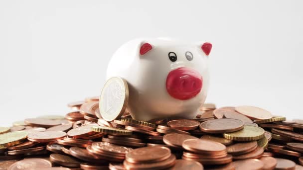 Close Rotating Metal Coins Piggy Bank Rotating Piggy Bank Euro — Stock Video