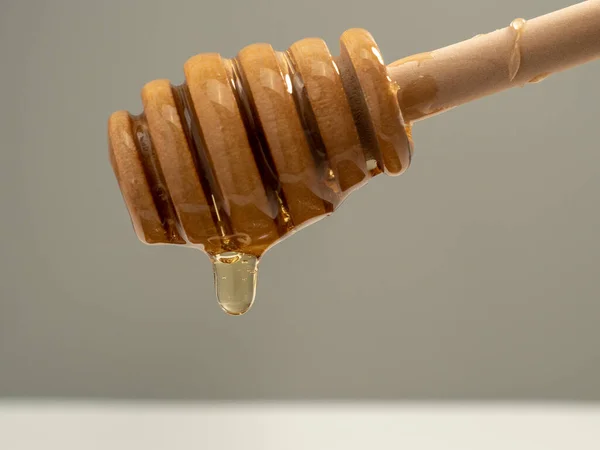 Honey is dripping from a wooden honey spoon. Honey spoon on a gray background. Close-up.
