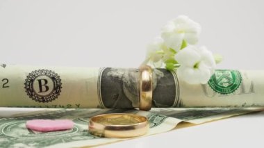 Evlilik yüzükleri ve dolar. Mantık evliliği kavramı. Yakın plan..