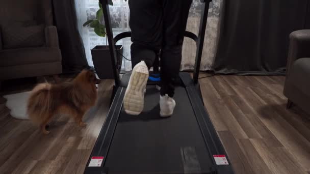 Man Runs Home Treadmill Cardio Workout Treadmill Sport — Stock video