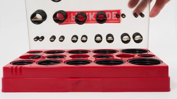 用于管道的橡胶垫圈 白色底座上不同尺寸的黑色液压和气动O形环 — 图库视频影像
