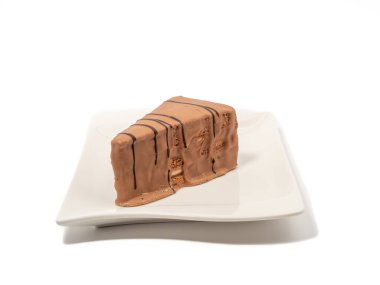 Piece of chocolate cake isolated on white background. A slice of chocolate cake.