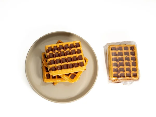 Chocolate Waffles Plate Isolated White Background Waffles Chocolate Close — Stock Photo, Image