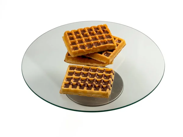 Chocolate Waffles Glass Tray Isolated White Background Wafers Chocolate Close — Stock Photo, Image