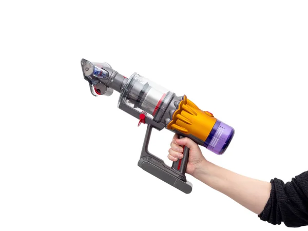 Woman Hand Holds Modern Cordless Vacuum Cleaner Isolated White Background — Stock Photo, Image