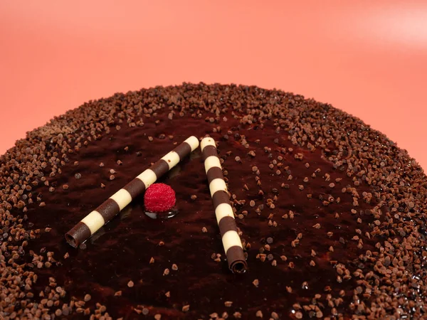 Τούρτα Σοκολάτας Ροζ Φόντο Νόστιμα Γλυκά Κοντινό Πλάνο — Φωτογραφία Αρχείου