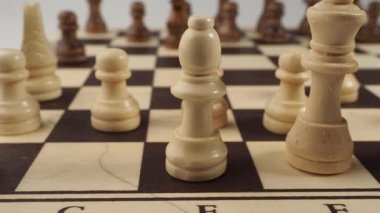 Beyaz arka planda tahta satranç. Masa oyunu satranç. Yakın plan..