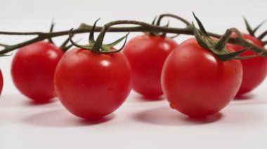 Beyaz arka planda izole edilmiş yeşil saplı bir avuç taze kırmızı domates. Domatesler yakın plan..