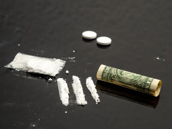 Seringue Injectable Poudre Cocaïne Sur Fond Noir Drogue Argent — Photo