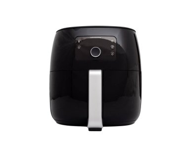 Beyaz arka planda siyah fritöz. Kızartma makinesi yakın plan..