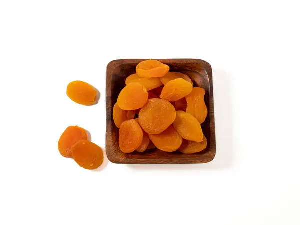 Wooden Bowl Dried Apricots White Background Selective Focus Dried Apricots — Stock Photo, Image