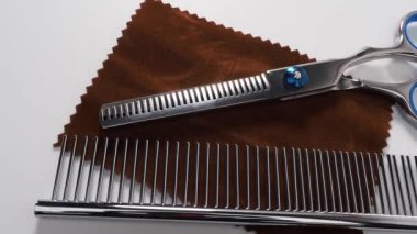 Köpekleri tımar etmek için makas ve tarak. Köpek bakım seti. Bir köpek bakım aracının yakın plan görüntüsü.