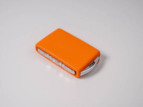 Moderner Drahtloser Orangefarbener Autozündschlüssel Auf Weißem Hintergrund Funkschlüssel Zum Starten — Stockfoto
