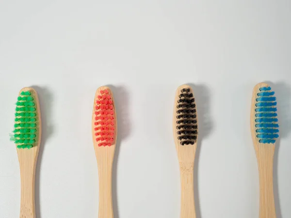 Bamboo Toothbrushes Different Colors Wooden Toothbrush White Background Toothbrush Close — Stock Photo, Image