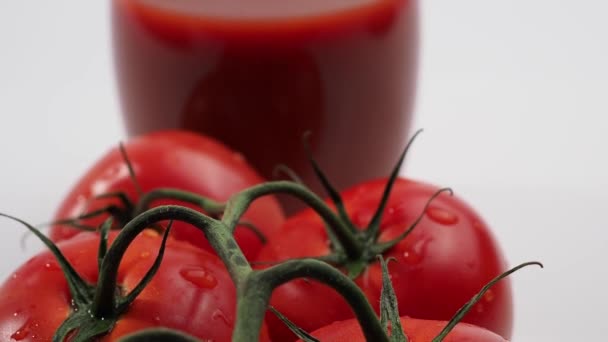 Jus Tomate Fraîchement Préparé Tomates Sur Fond Blanc Zoom Caméra — Video