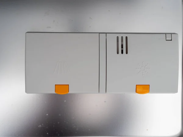 Compartimentos Lavavajillas Para Detergentes Primer Plano Del Lavavajillas —  Fotos de Stock