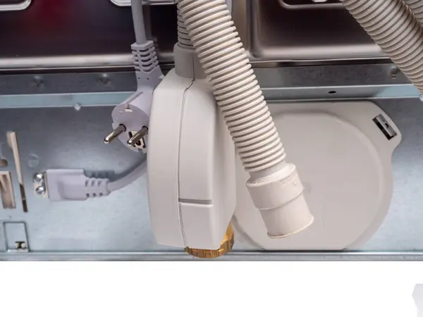 Встроенная Посудомоечная Машина Белом Фоне Посудомоечная Машина Вид Сзади — стоковое фото